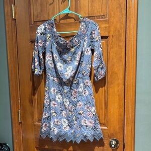 Three Pink Hearts Blue Floral Mini Dress